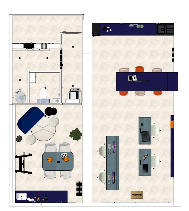 Plan d’aménagement intérieur professionnel avec bureaux, salle de réunion, espace détente et cuisine, conçu par Jolis Projets en Isère - projets décoration intérieure professionnels Isère.